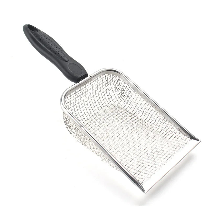 Stainless steel cat litter scoop with a fine mesh sifter and black handle