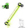 A lime green magnetic rechargeable COB work light with a hook and power bank visible.