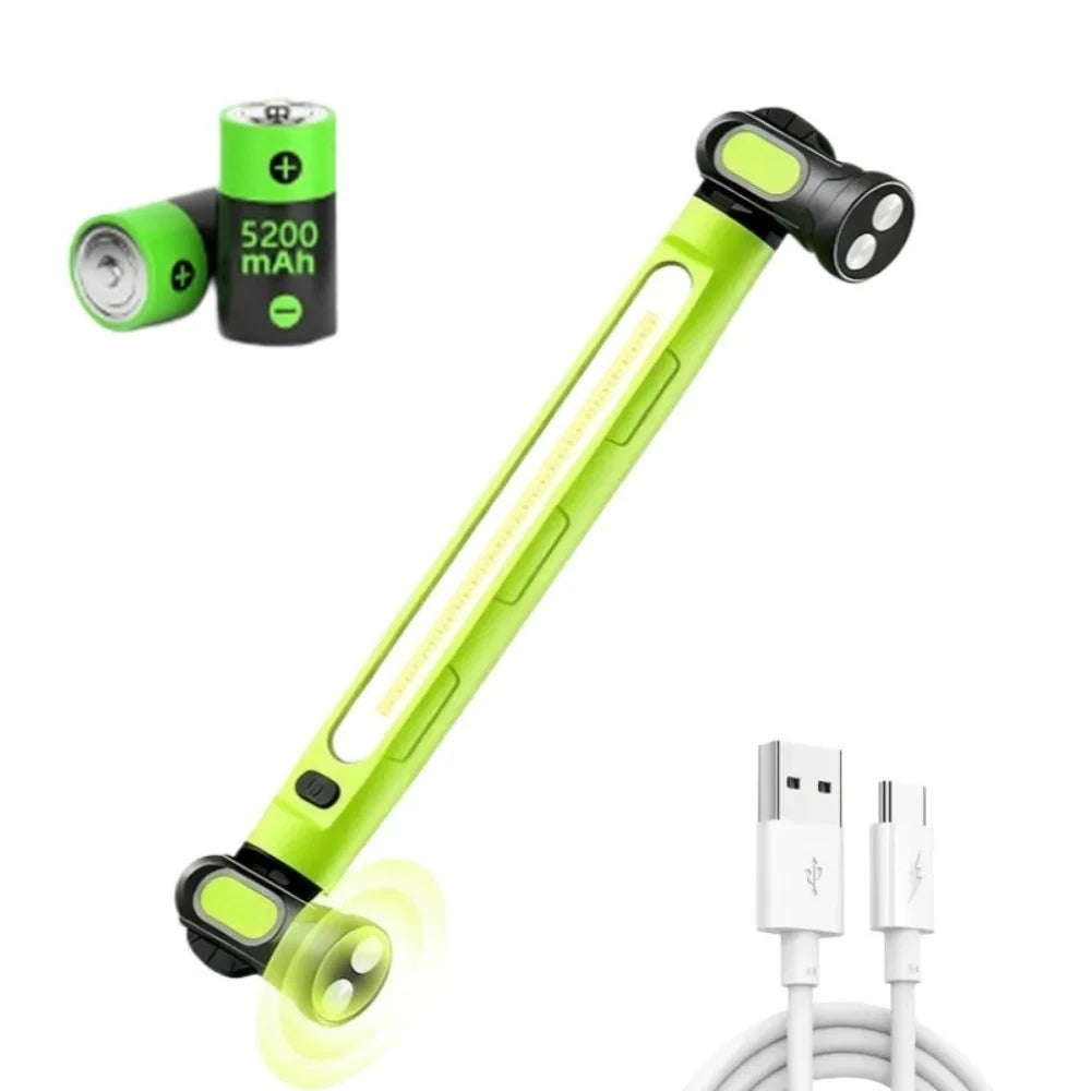 A lime green magnetic rechargeable COB work light with a hook and power bank visible.