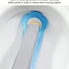 A wall-mounted disposable toilet brush set with a blue head is shown cleaning water inside a toilet bowl.