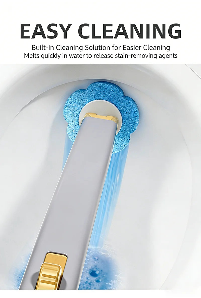 A wall-mounted disposable toilet brush set with a blue head is shown cleaning water inside a toilet bowl.