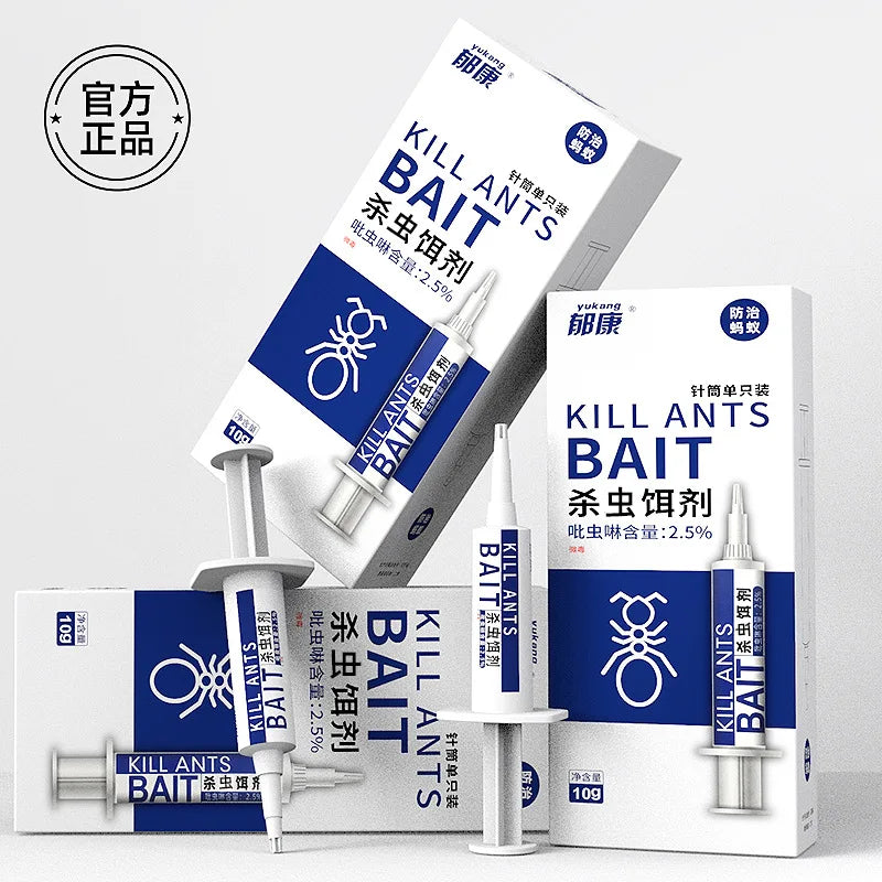 Box and syringe of Kill Ants Bait gel for complete colony elimination, showing the product packaging.