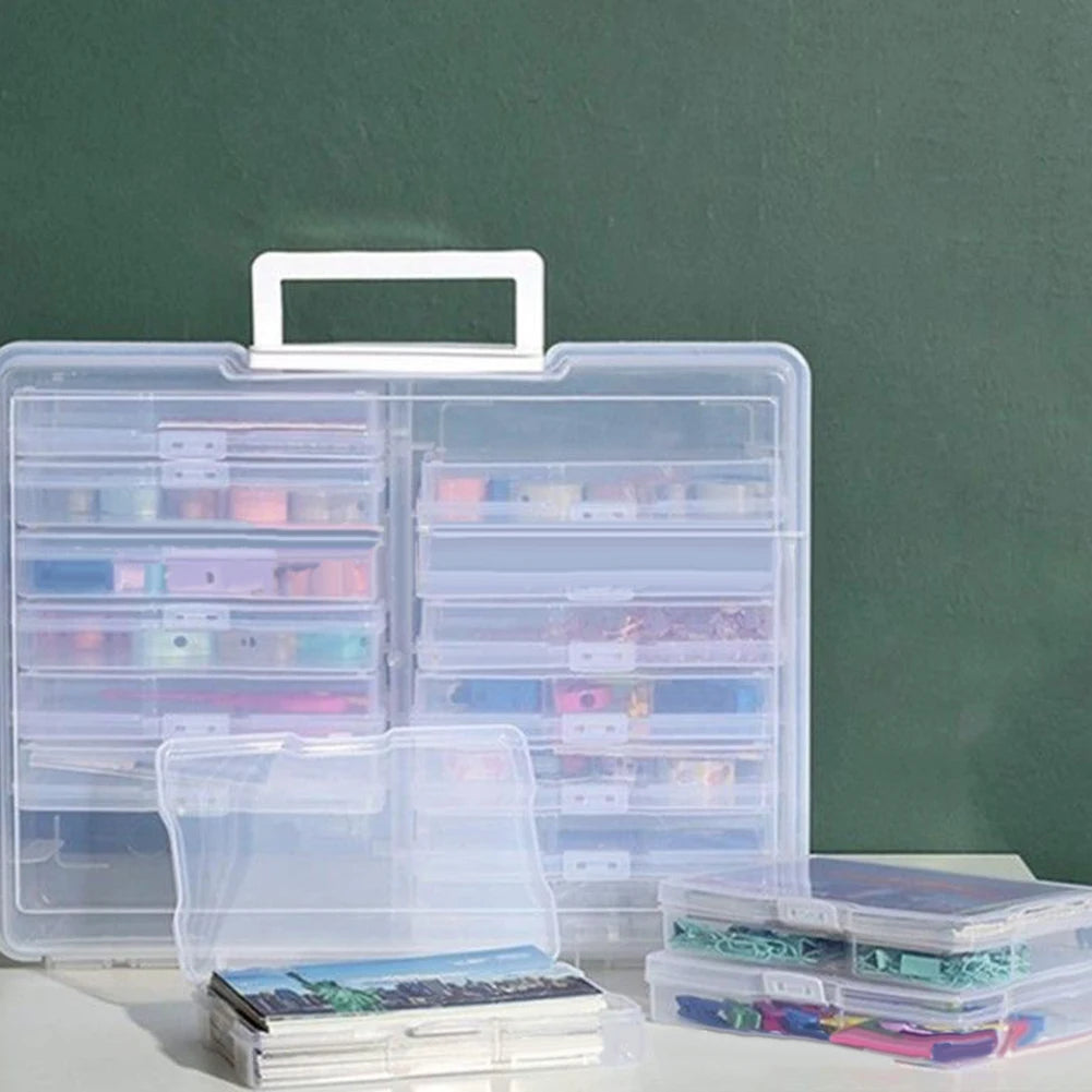 Clear photo storage boxes containing various pictures and mementos