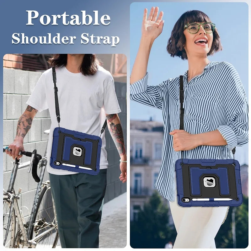 A woman is shown using a portable shoulder strap shockproof hybrid case for an iPad with a built-in stand and pencil holder.