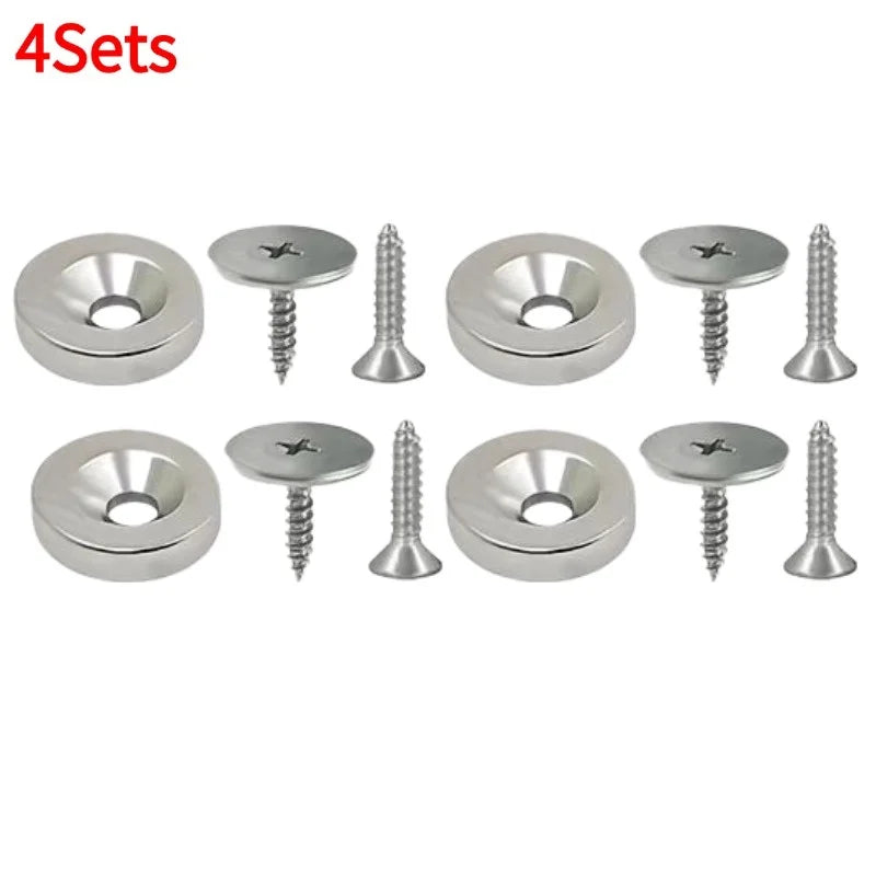 Four sets of hidden magnetic door catches for cabinets and wardrobes, shown as various sizes and types.