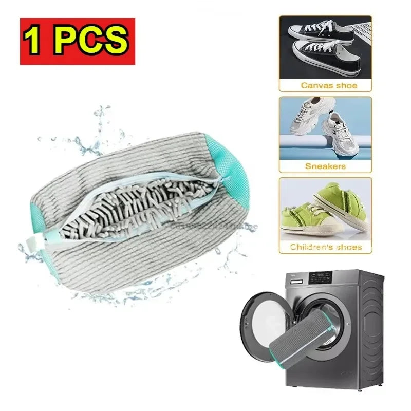 A gray reusable shoe laundry bag with a bristled brush is shown next to a washing machine.