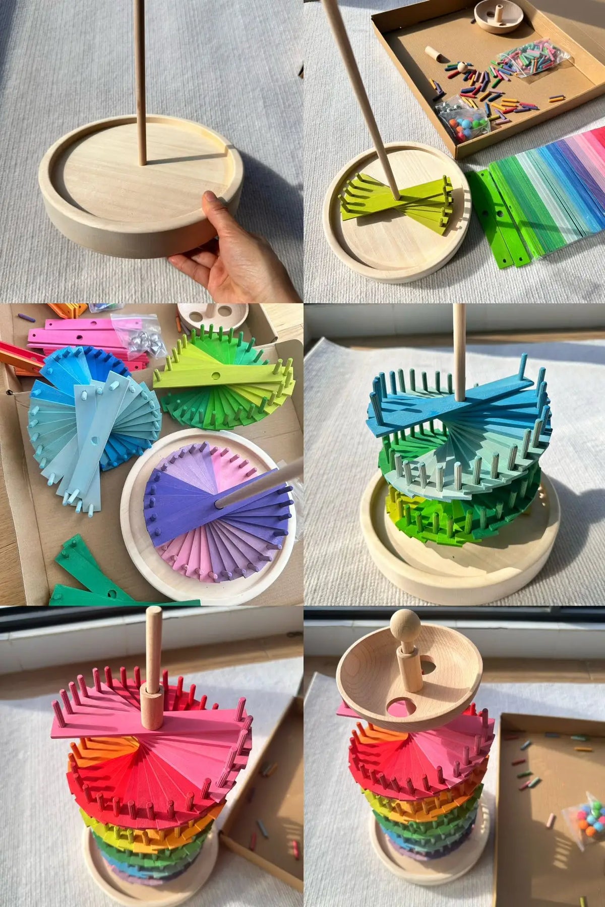 Bunte Holzblüten und Marmor-Rennkomponenten in verschiedenen Stapeln und Displays.