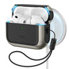 A white AirPods Pro 3 case with a magnetic lock is shown, connected by a black cable.