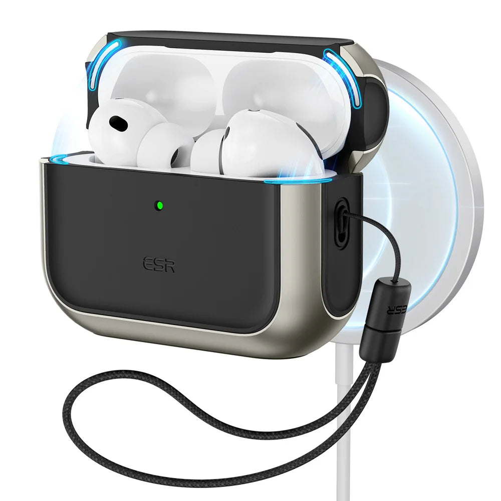 A white AirPods Pro 3 case with a magnetic lock is shown, connected by a black cable.
