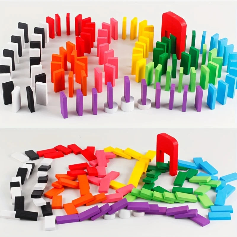 A collection of colorful wooden domino building blocks arranged in various patterns and colors.
