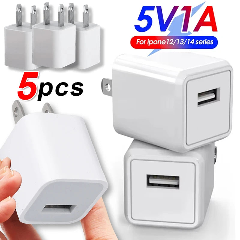 Five compact white USB wall chargers for iPhone 12/13/14 series devices