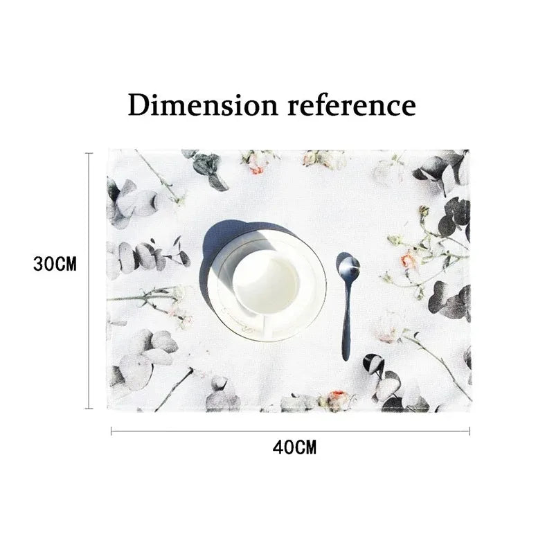 Dimension reference showing a white teacup and spoon on a white fabric with floral accents.