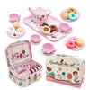 A pink and green boutique tea set with a serving tray, including teacups, pastries, and a storage box.