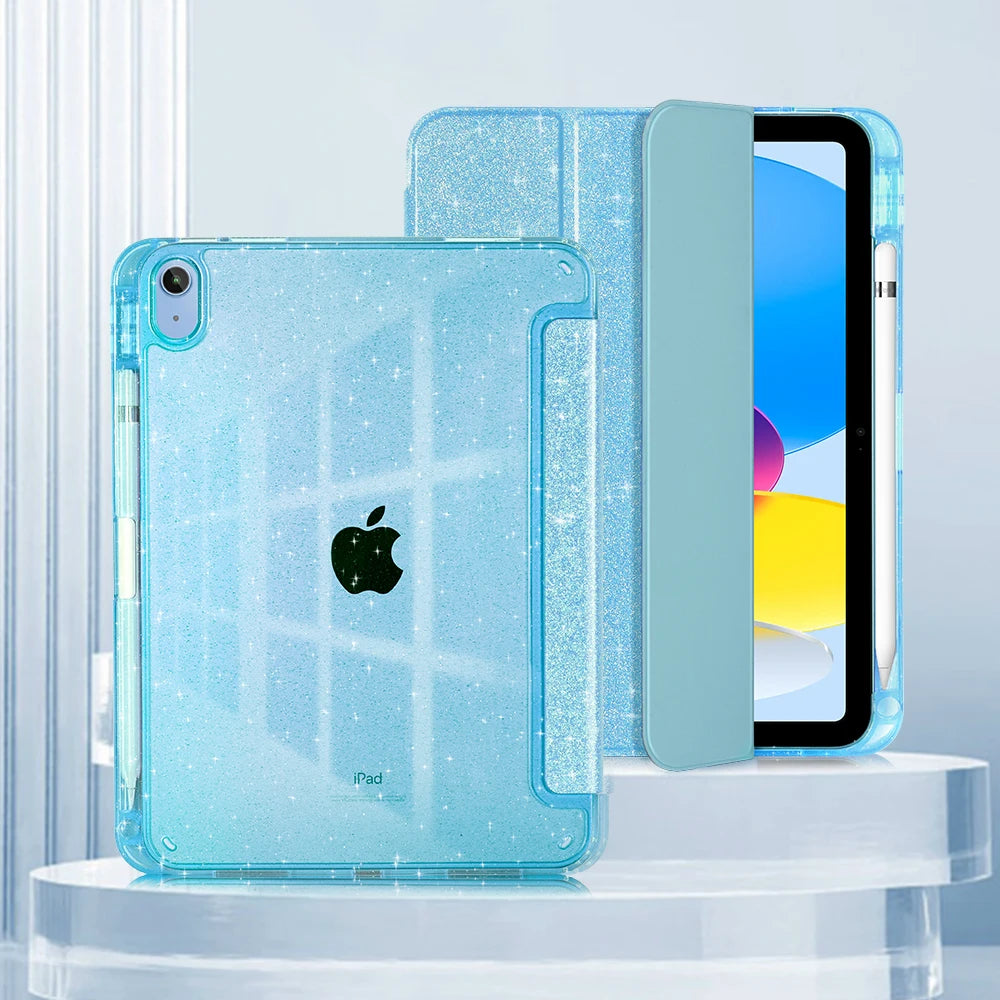 Glitzerblaues Etui und Standcover für ein iPad Pro, das ein Smartphone zeigt.
