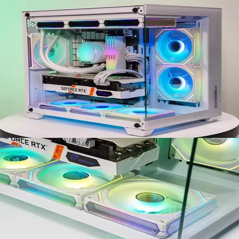 Transparenter PC-Gehäuse mit GeForce RTX Grafikkarte und beleuchteten RGB-Kühllüftern.