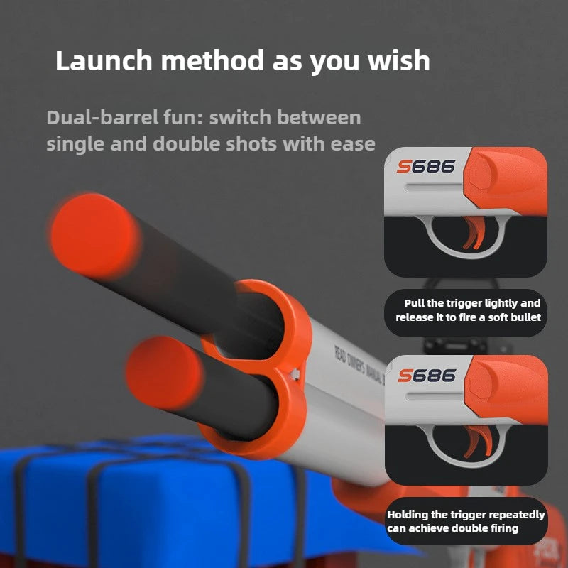 A close-up of a dual-barrel toy rifle showing the mechanism for single and double shots.