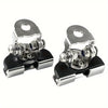 A pair of universal stainless steel LED work light mounting brackets for securing a light fixture.