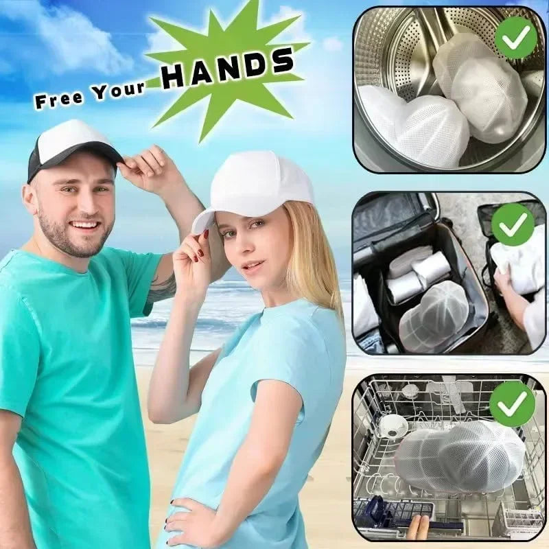 A man and a woman demonstrate the use of a hat cleaning cage for washing machine, showing laundry bags for baseball caps.