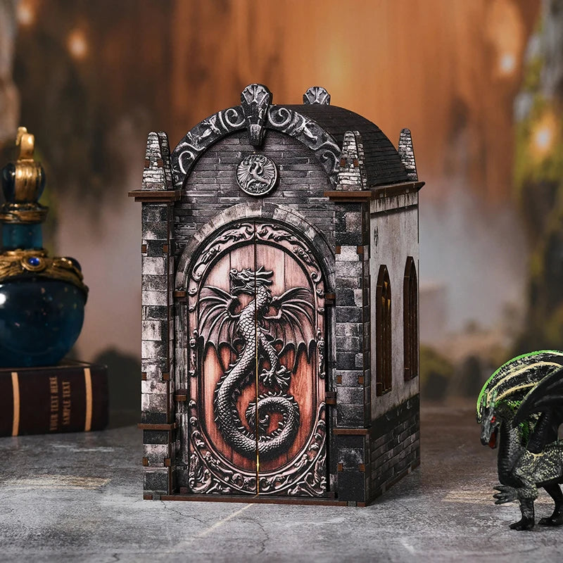 A detailed wooden bookshelf decor featuring a dragon motif, used as a DIY book nook kit.