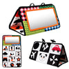A high-contrast crinkle cloth book with a tummy time mirror featuring black, white, and colorful patterns for babies.