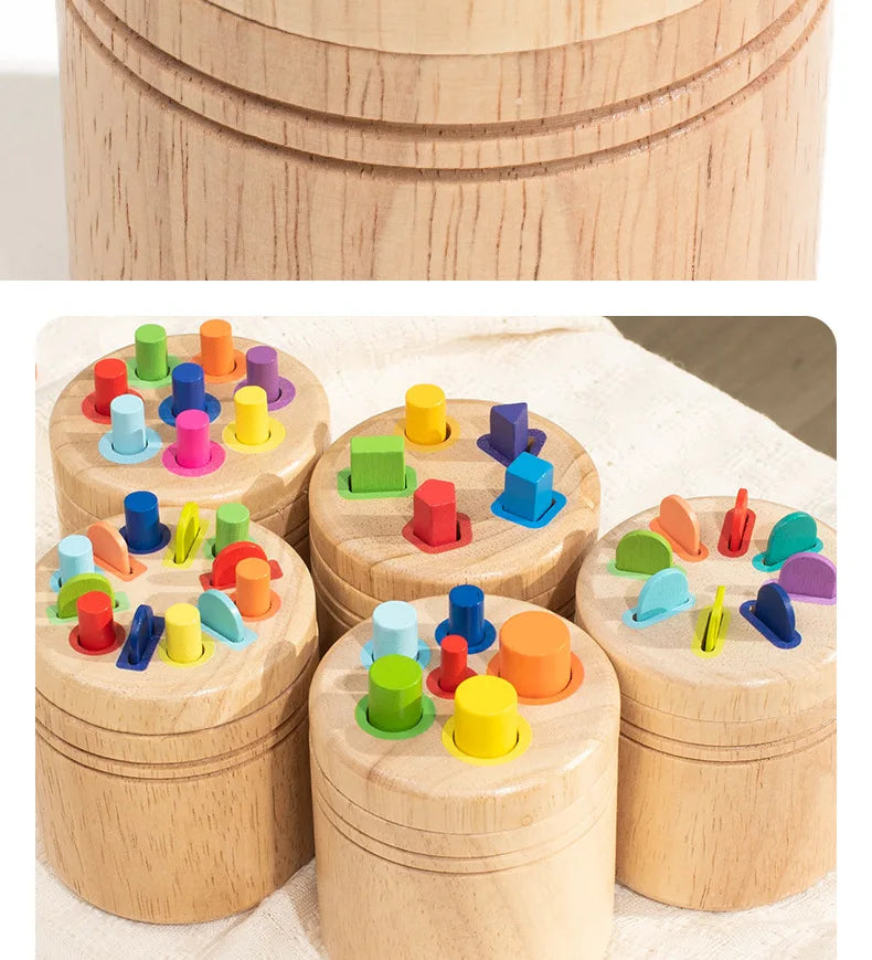 Wooden color sorting toy for toddlers featuring various colored blocks in a wooden container.