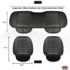 Black breathable PU leather car seat covers shown in large, medium, and small sizes with dimension guides.