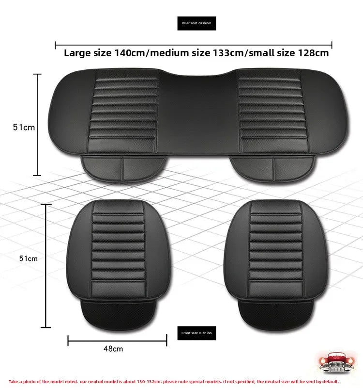 Black breathable PU leather car seat covers shown in large, medium, and small sizes with dimension guides.