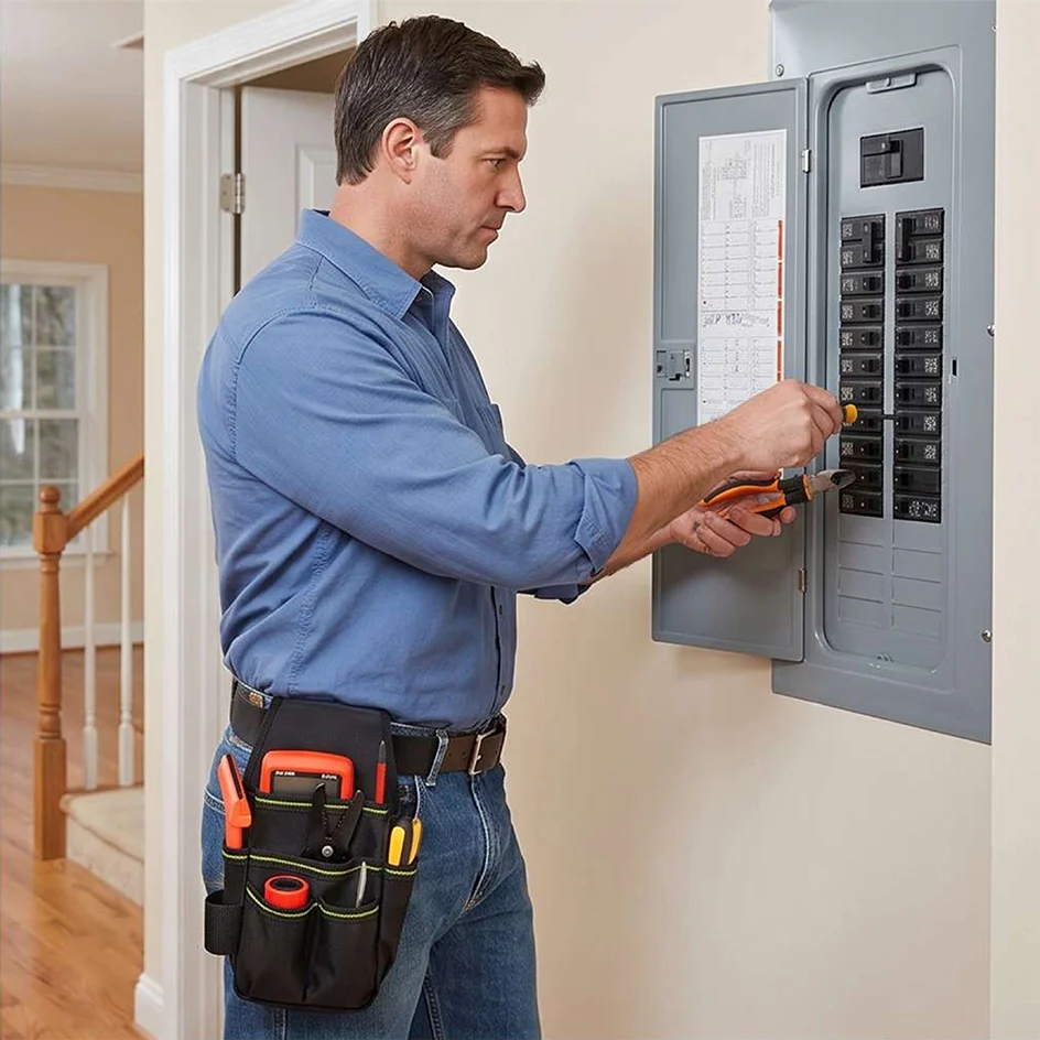 A man in a blue shirt holds an adjustable waist tool pouch while operating a gray electrical panel door.