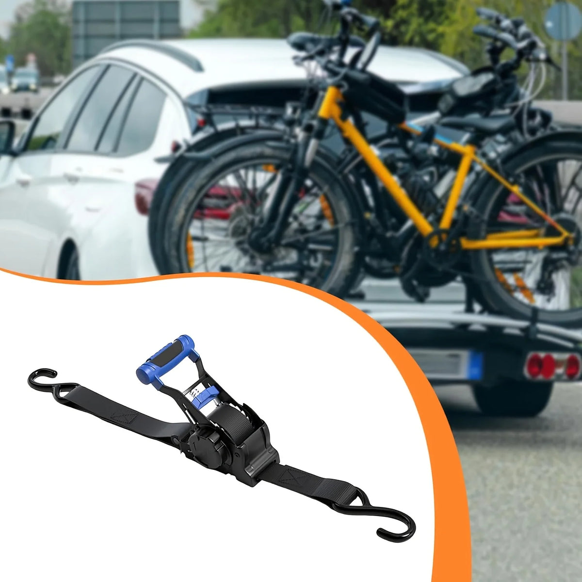 Black and blue retractable ratchet tie-down straps with auto-retract mechanism