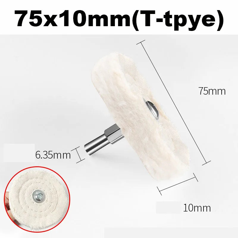 A white cotton buffing wheel with a 6.35mm shank is shown in a profile view.