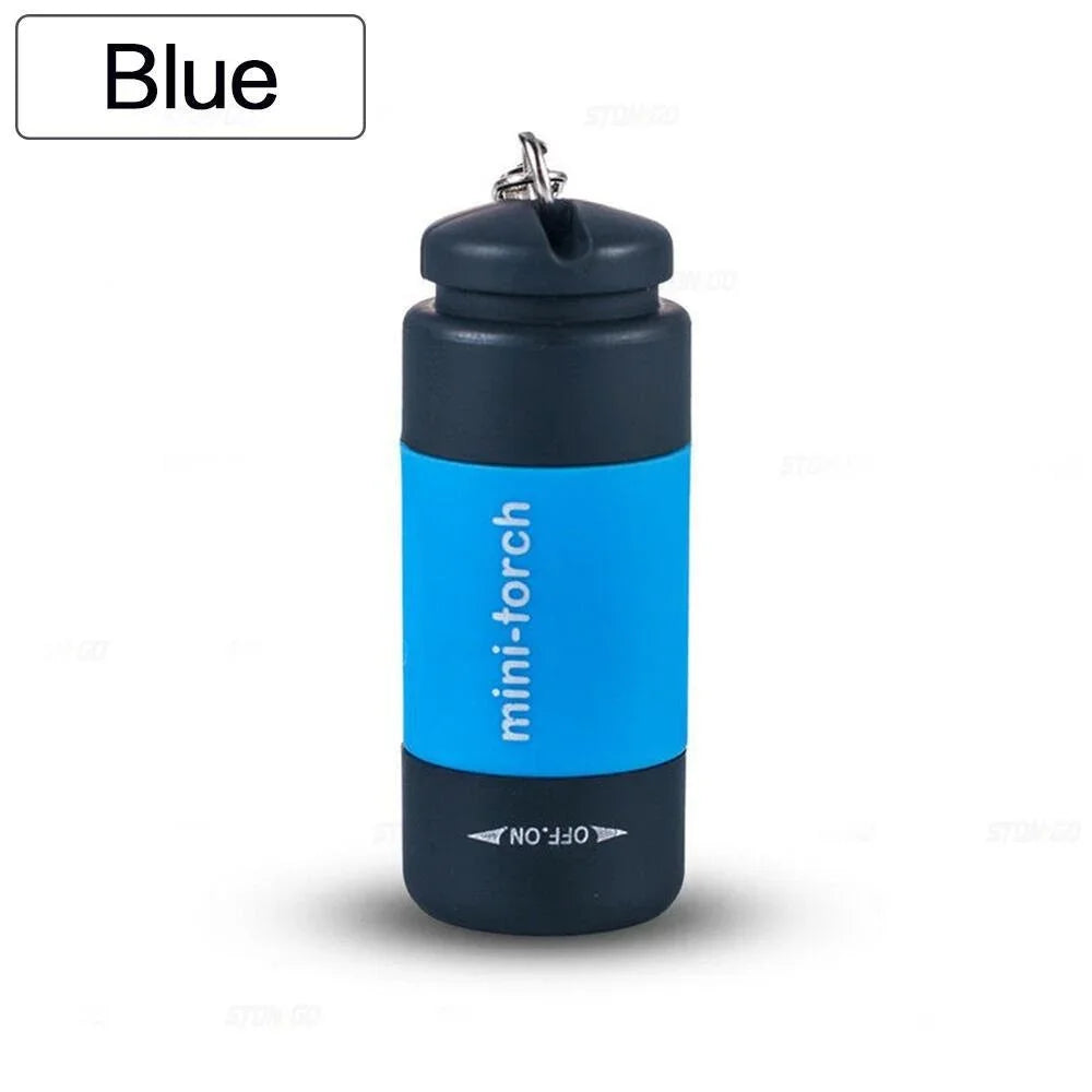 A small, black and blue mini-torch keychain flashlight.