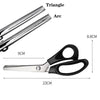 Stainless steel pinking shears shown with measurements and geometric terms like triangle and arc