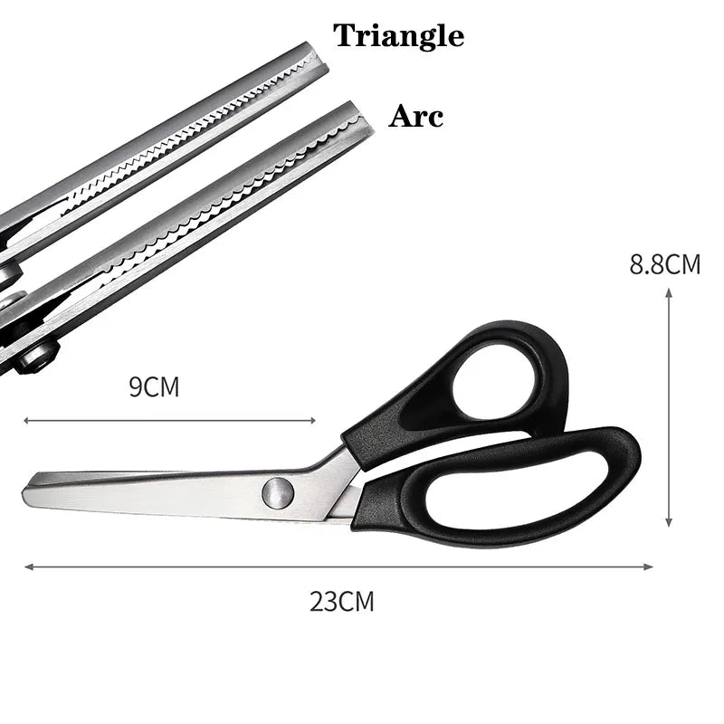 Stainless steel pinking shears shown with measurements and geometric terms like triangle and arc