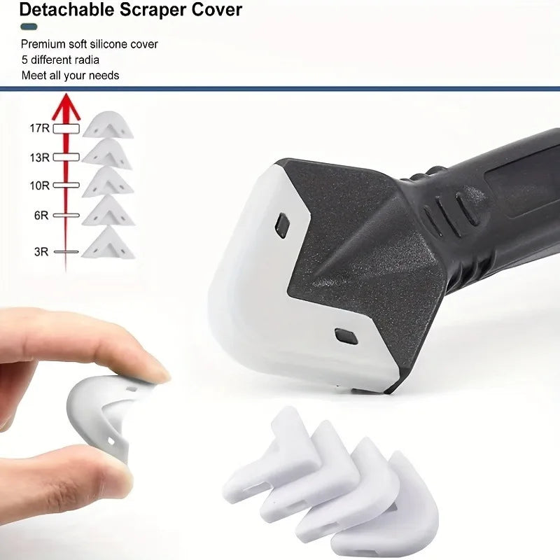 A close-up view of a white and black detailing tool with various sized rubber guides for scraping.