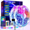 A display showing various options for LED strip lights with color changing features, alongside a smartphone and control devic