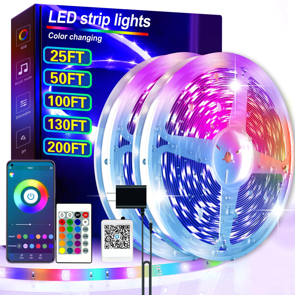 A display showing various options for LED strip lights with color changing features, alongside a smartphone and control devic