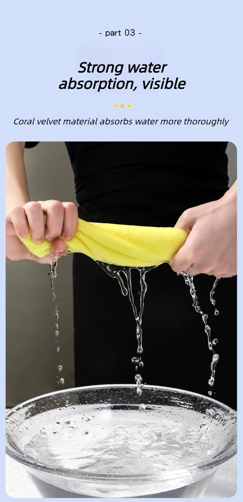 A yellow velvet cleaning cloth absorbs water thoroughly, dripping into a bowl of water.