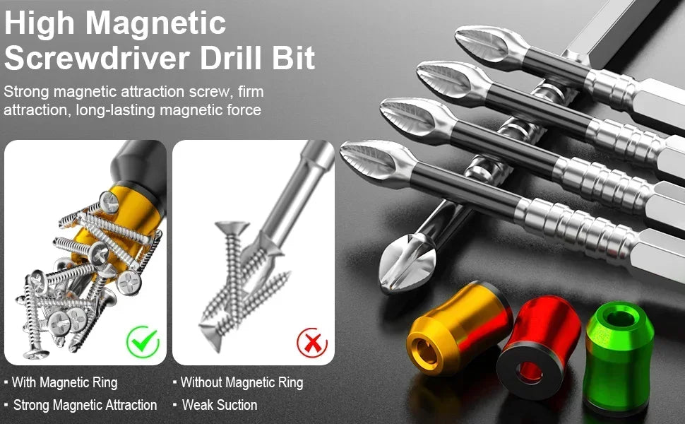 A set of high magnetic screwdriver drill bits showing various sizes and a close-up of the magnetic ring design.