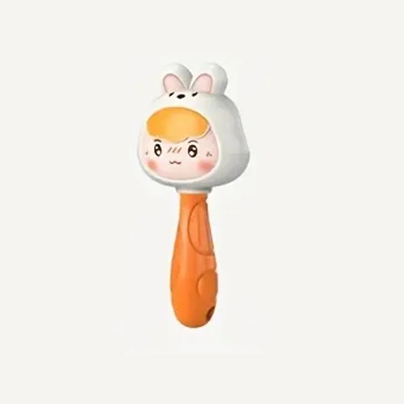 A white and orange cartoon animal rattle toy for baby sensory development.