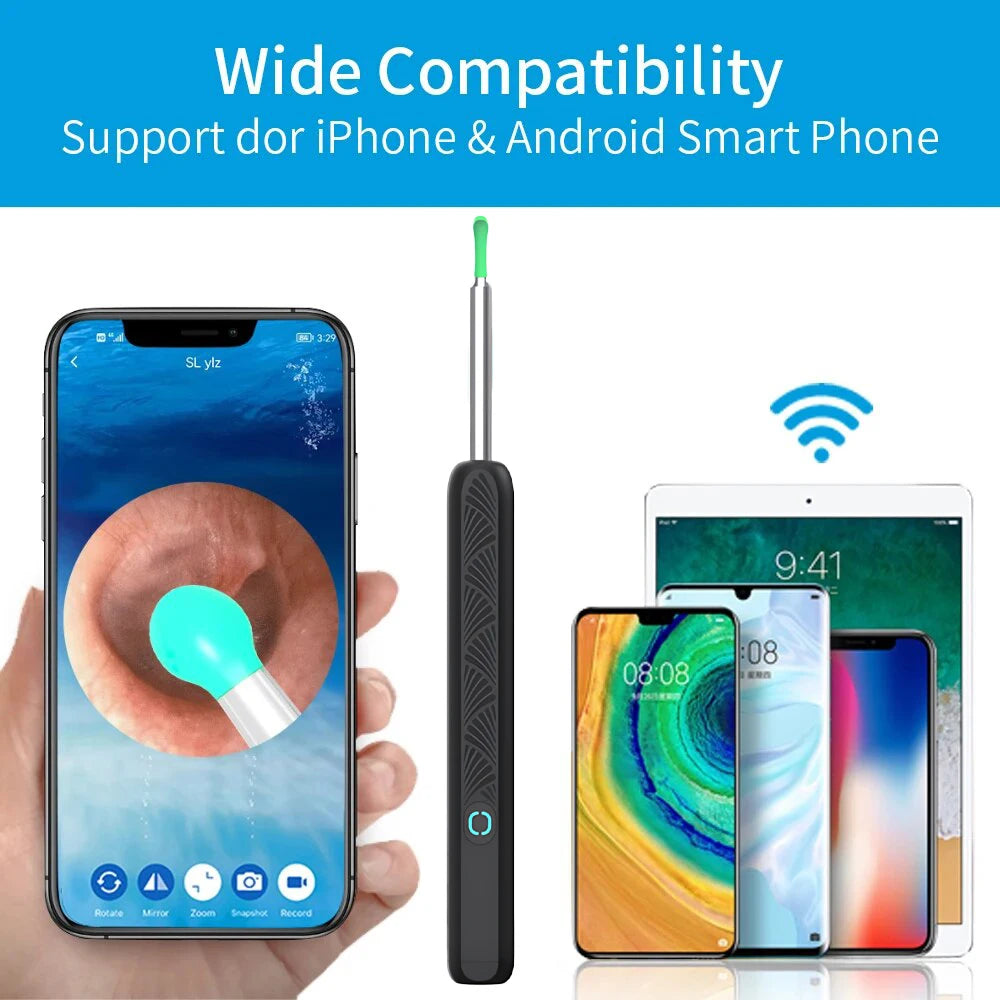 A smart visual ear cleaner device shown next to various smartphones demonstrating wide compatibility.
