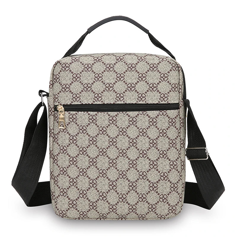 A beige and brown patterned men's versatile multi-pocket crossbody sling bag with black strap.