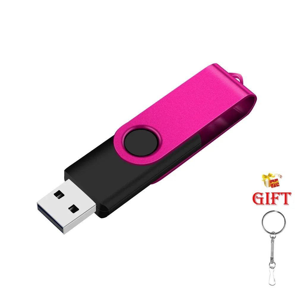 A pink and black portable USB 2.0 flash drive with a metal keyring attached.