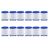 A set of twelve white and blue plastic faucet water purifiers with cotton filters arranged in a row.