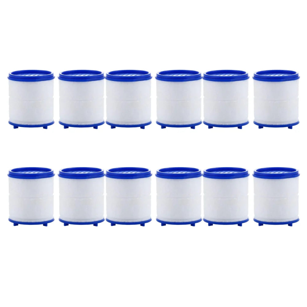 A set of twelve white and blue plastic faucet water purifiers with cotton filters arranged in a row.