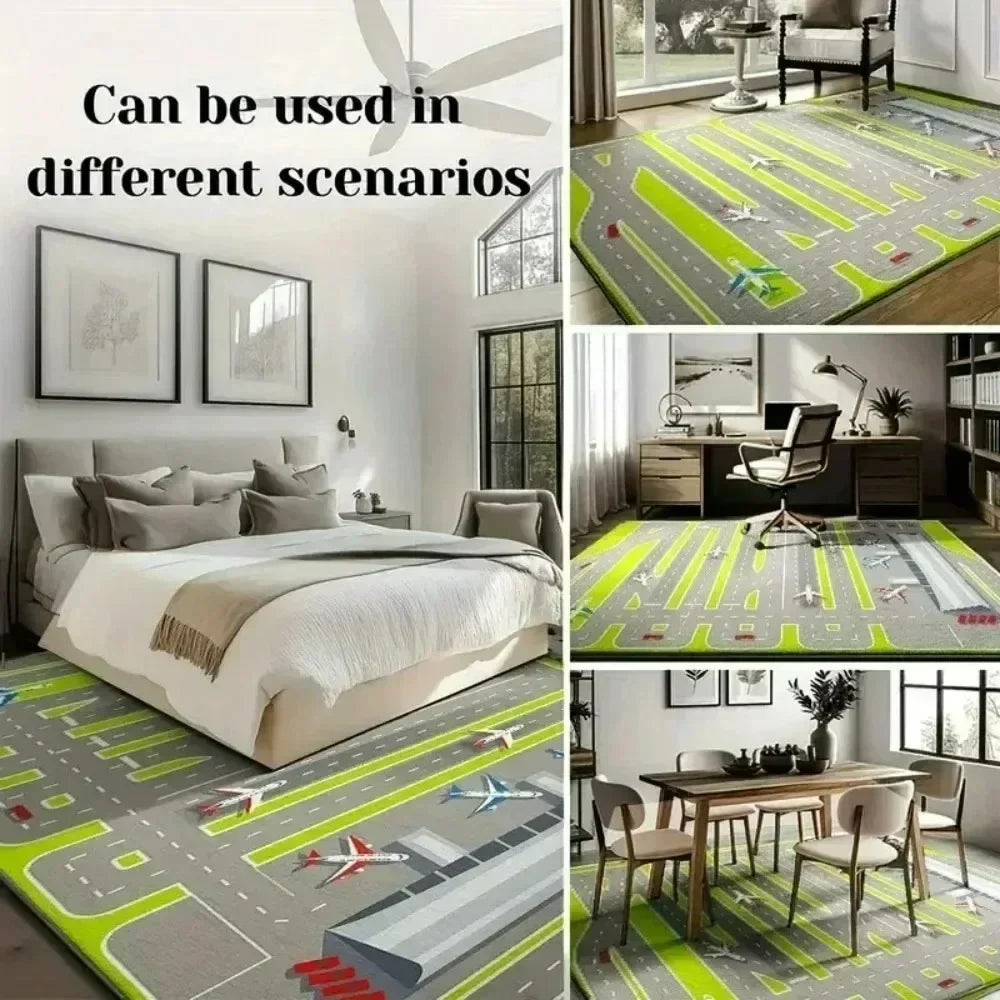 A large outdoor area rug featuring a tropical botanical design with bright green and gray tones.