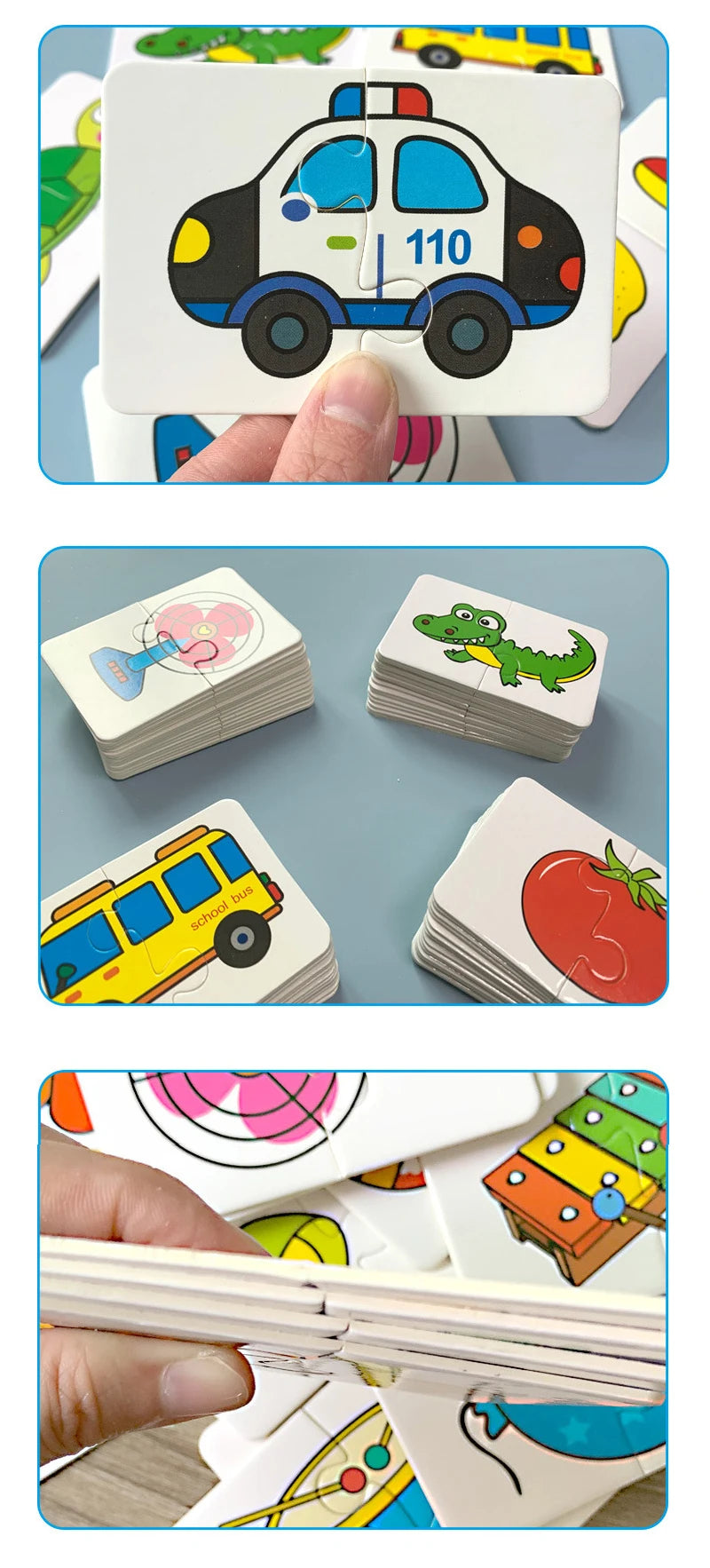 A hand holds a stack of colorful puzzle cards featuring animals and fruits for a Montessori matching game.