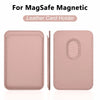 A pink leather card holder for MagSafe magnetic compatibility shown in two views.