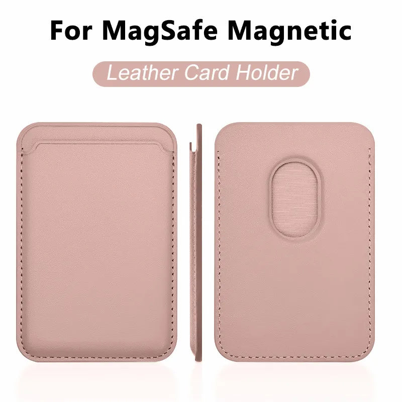 A pink leather card holder for MagSafe magnetic compatibility shown in two views.