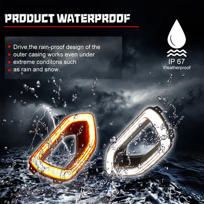 Close-up of an LED front grille light product being tested against water spray.