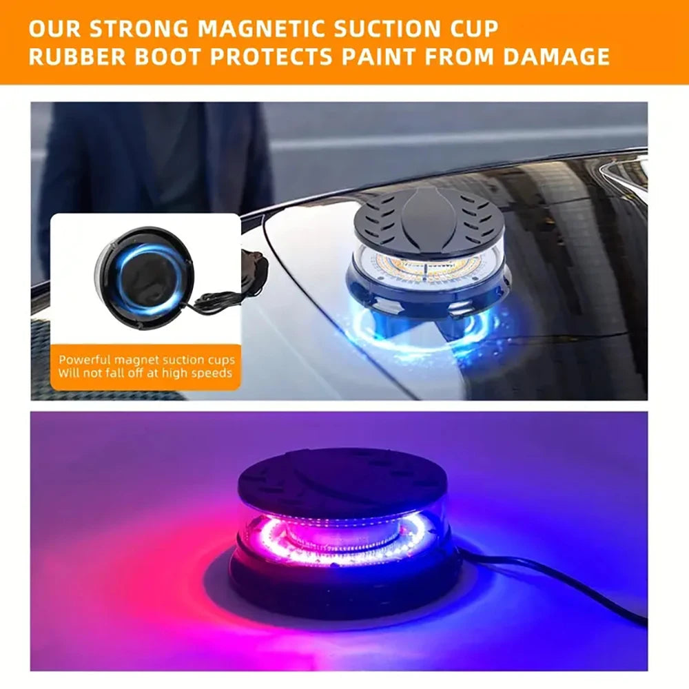 A magnetic suction cup rubber boot protects paint on a car surface, with an LED strobe light illuminating the area.
